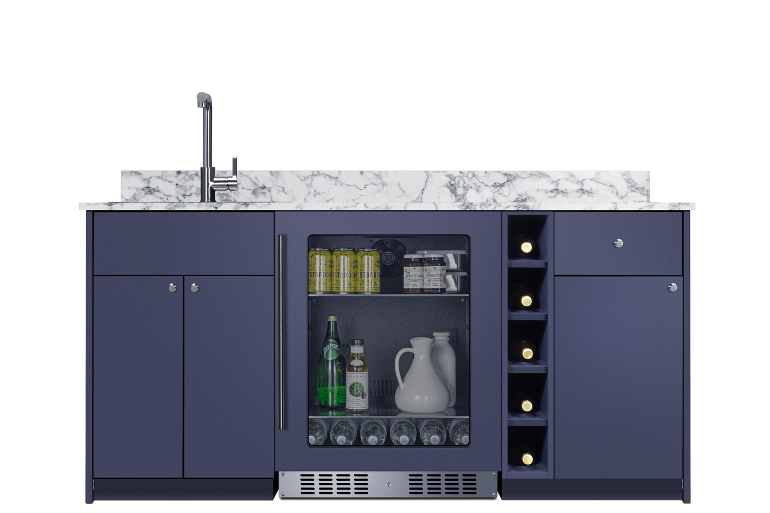 ADA-height Turnkey Oasis Wet Bar featuring pre-assembled cabinetry and countertop with stainless steel sink, glass door beverage center, wine cubby, and storage cabinetry; ships in two boxes on one pallet